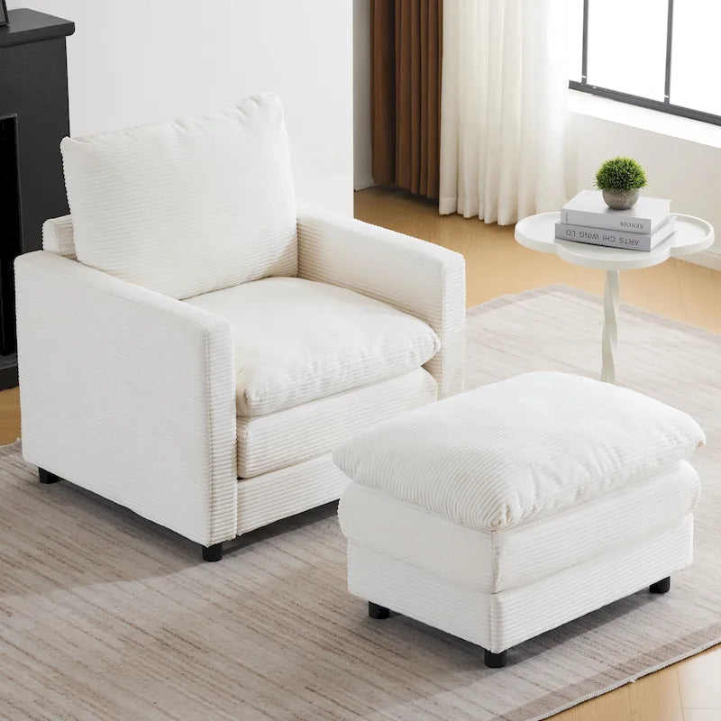 Fauteuil en velours côtelé surdimensionné avec pouf – Chaise confortable pour le salon