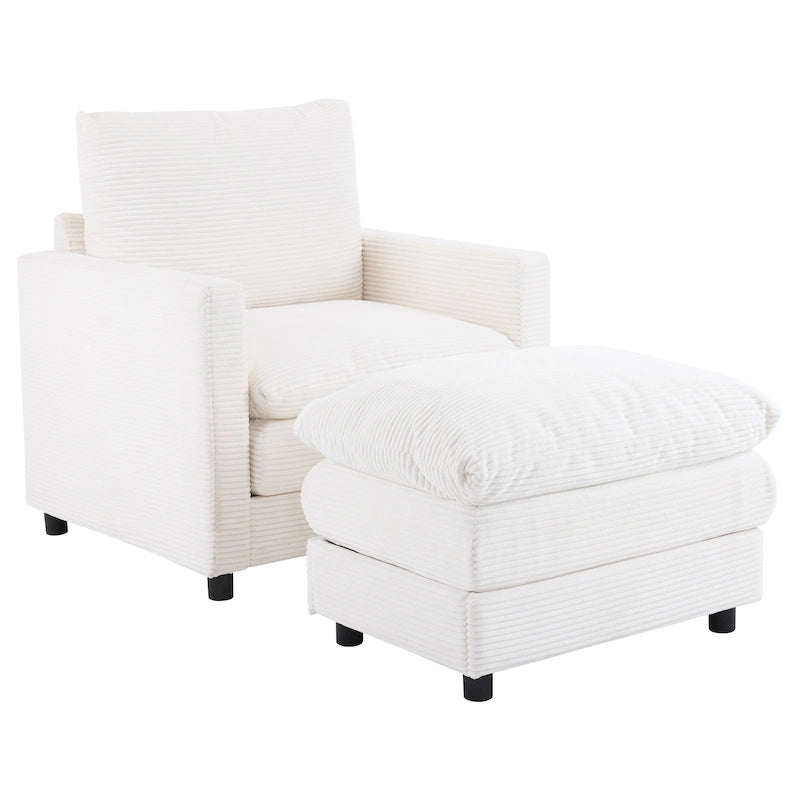 Fauteuil en velours côtelé surdimensionné avec pouf – Chaise confortable pour le salon