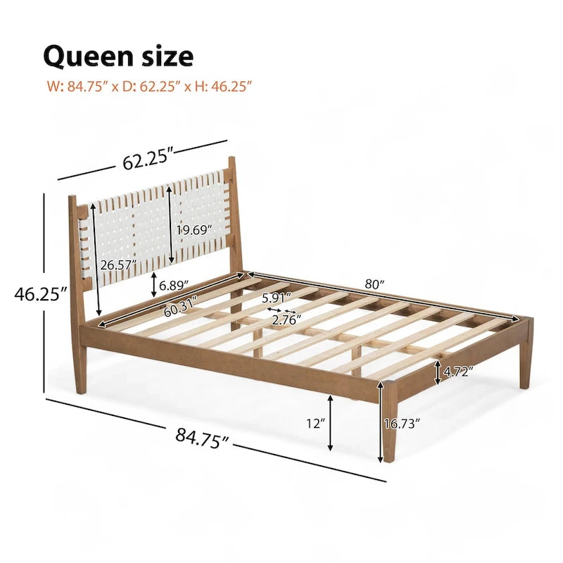 Lit plateforme Queen – Tête de lit en cuir tressé et cadre en bois massif