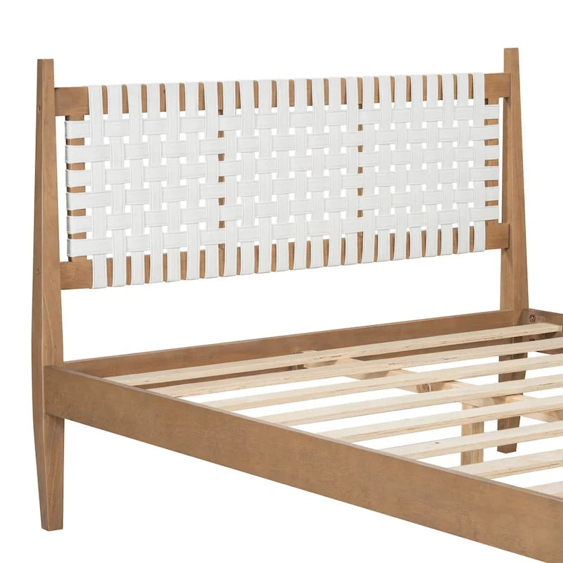 Lit plateforme Queen – Tête de lit en cuir tressé et cadre en bois massif