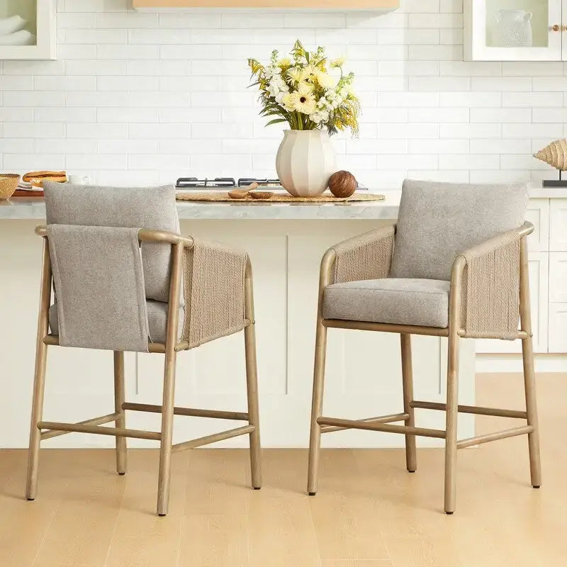 Tabouret de bar hauteur comptoir avec accoudoir en bois tressé – Lot de 2