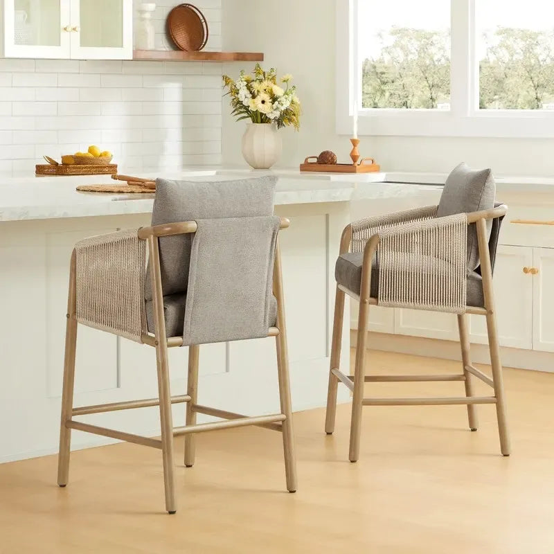 Tabouret de bar hauteur comptoir avec accoudoir en bois tressé – Lot de 2