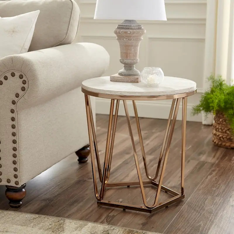 Table d'appoint ronde moderne en faux marbre – Base géométrique dorée