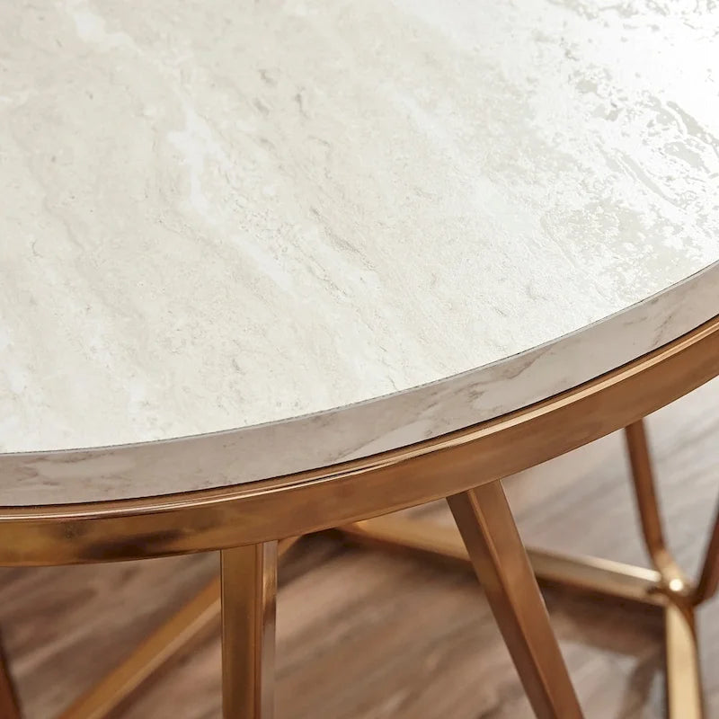 Table d'appoint ronde moderne en faux marbre – Base géométrique dorée