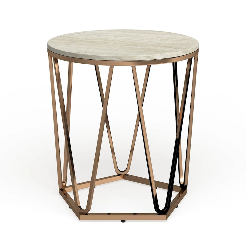 Table d'appoint ronde moderne en faux marbre – Base géométrique dorée