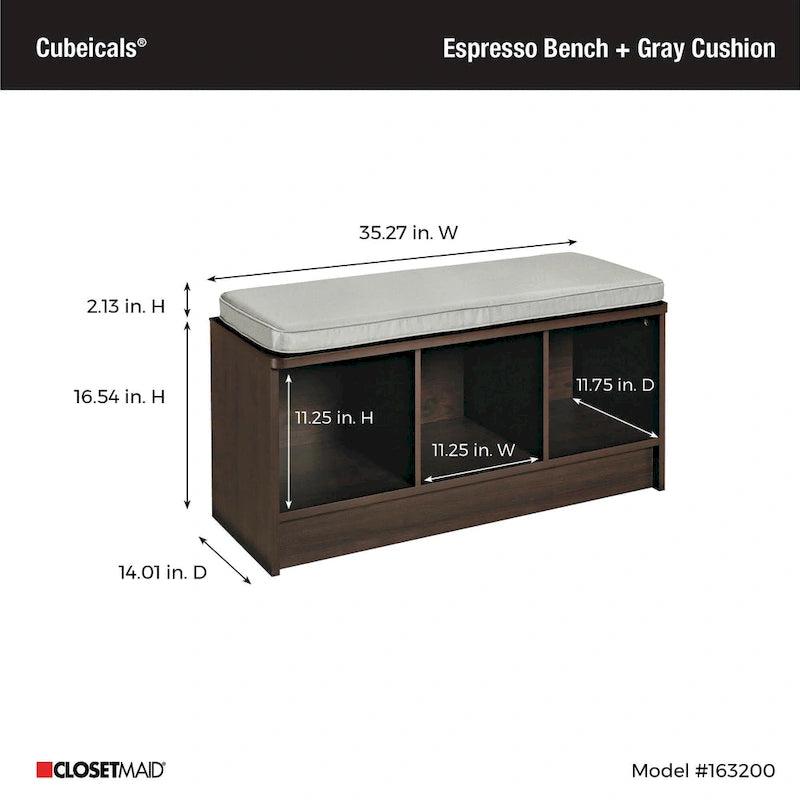 Banc de rangement 3 cubes avec coussin gris – Entrée et chambre à coucher