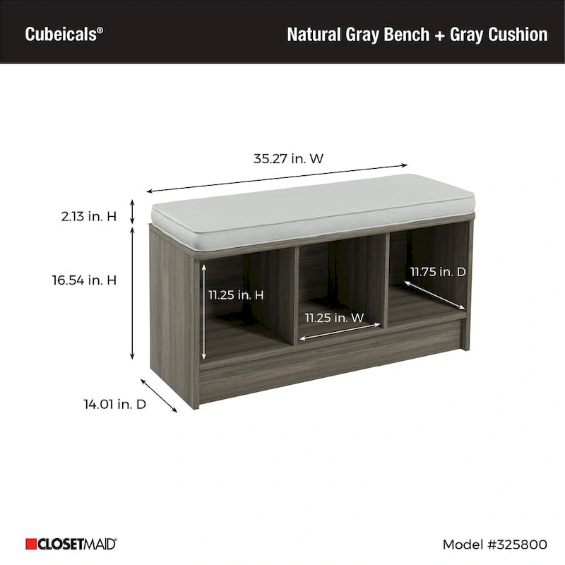 Banc de rangement 3 cubes avec coussin gris – Entrée et chambre à coucher