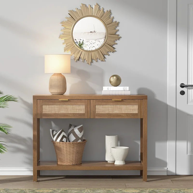 Console en rotin avec 2 tiroirs et étagères – 30x39x14