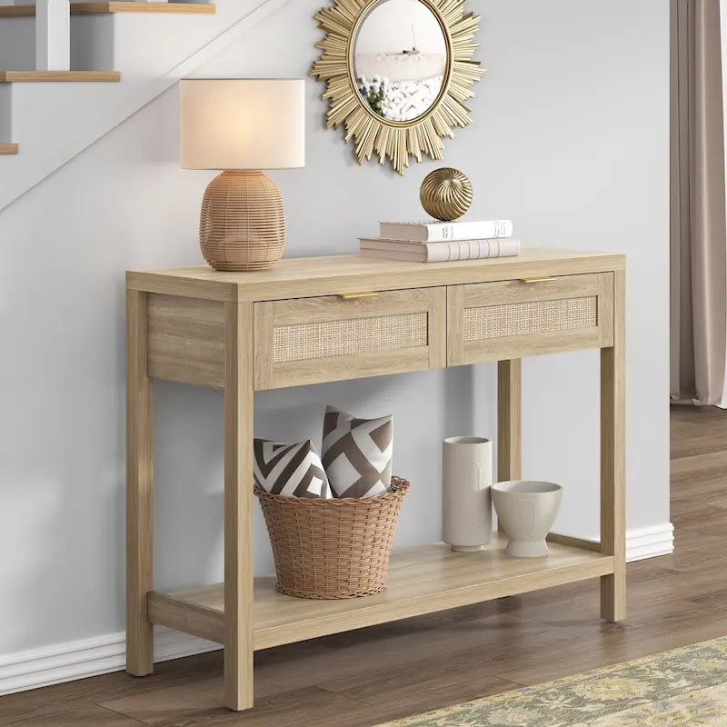 Console en rotin avec 2 tiroirs et étagères – 30x39x14