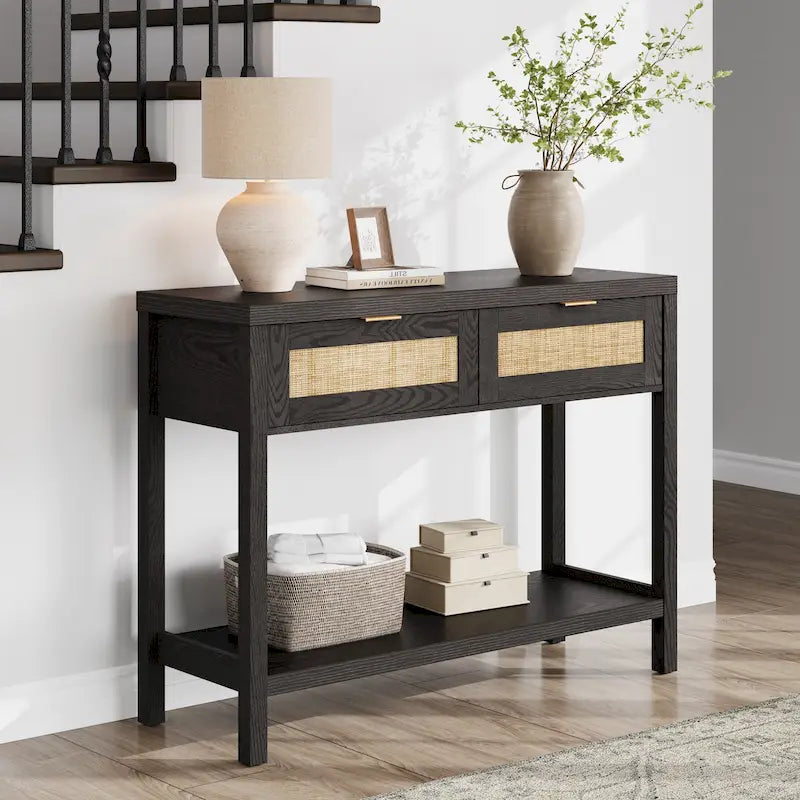Console en rotin avec 2 tiroirs et étagères – 30x39x14