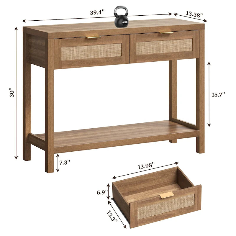 Console en rotin avec 2 tiroirs et étagères – 30x39x14