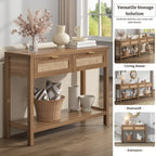 Console en rotin avec 2 tiroirs et étagères – 30x39x14