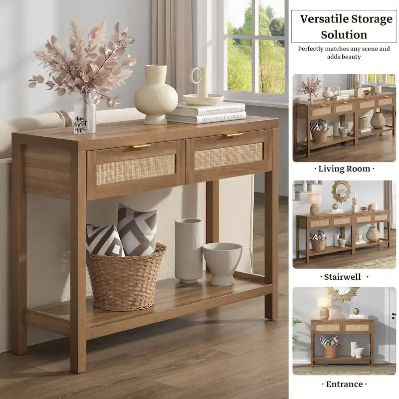 Console en rotin avec 2 tiroirs et étagères – 30x39x14