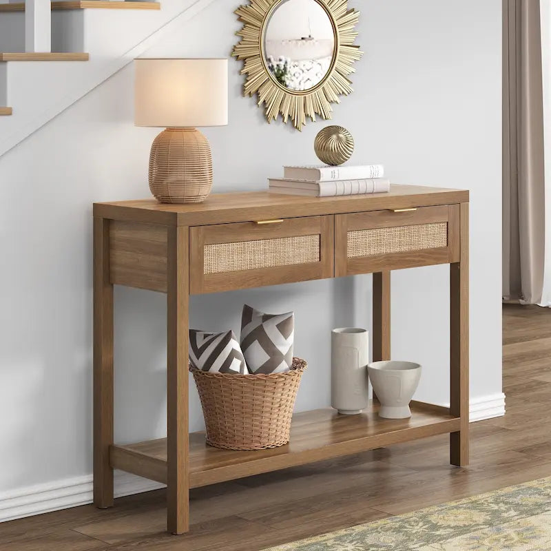 Console en rotin avec 2 tiroirs et étagères – 30x39x14