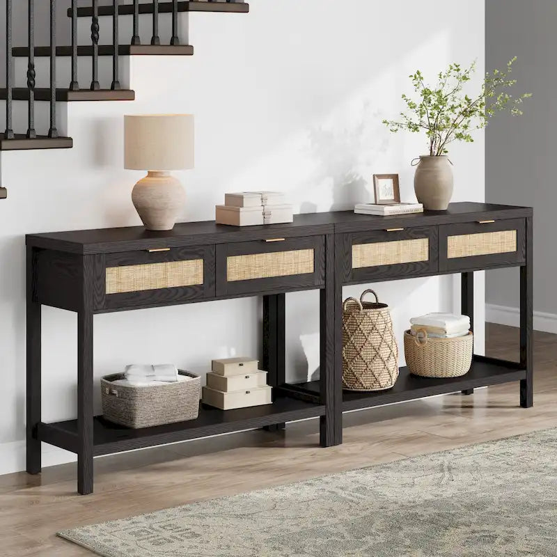 Console en rotin avec 2 tiroirs et étagères – 30x39x14