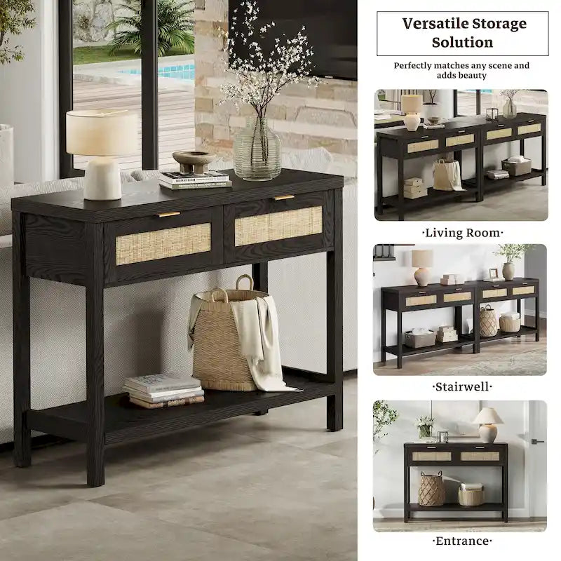 Console en rotin avec 2 tiroirs et étagères – 30x39x14