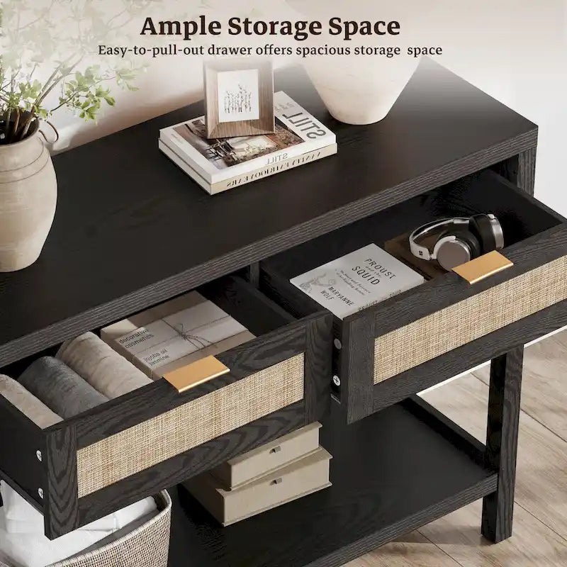 Console en rotin avec 2 tiroirs et étagères – 30x39x14