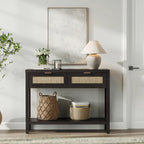 Console en rotin avec 2 tiroirs et étagères – 30x39x14