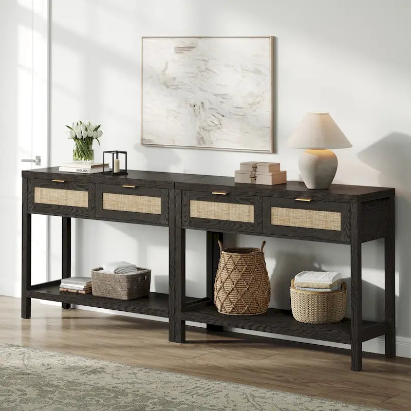 Console en rotin avec 2 tiroirs et étagères – 30x39x14