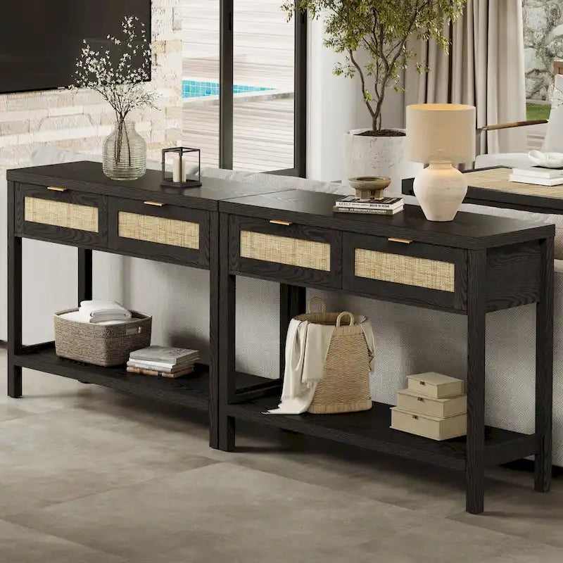 Console en rotin avec 2 tiroirs et étagères – 30x39x14