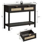 Console en rotin avec 2 tiroirs et étagères – 30x39x14