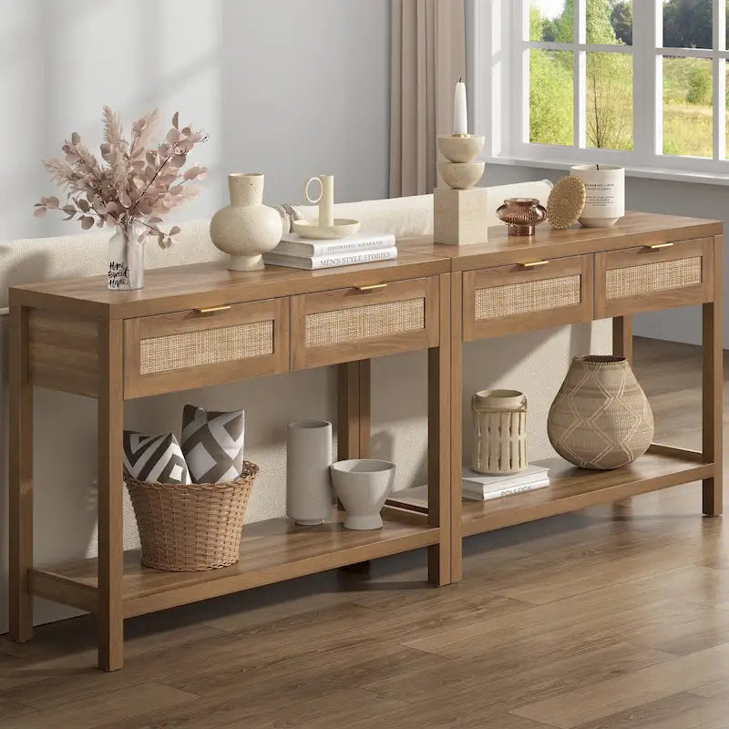 Console en rotin avec 2 tiroirs et étagères – 30x39x14
