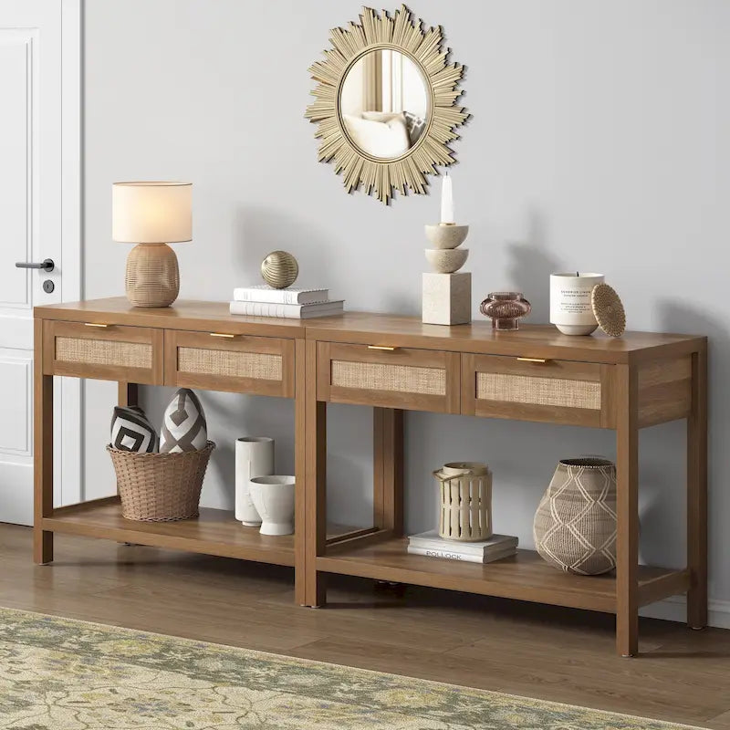 Console en rotin avec 2 tiroirs et étagères – 30x39x14