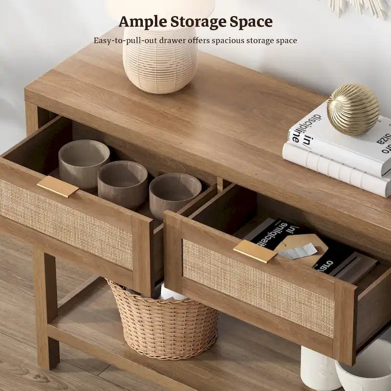 Console en rotin avec 2 tiroirs et étagères – 30x39x14