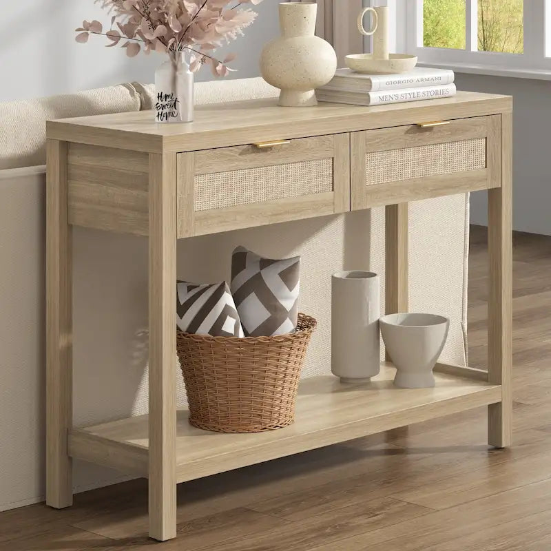 Console en rotin avec 2 tiroirs et étagères – 30x39x14
