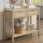 Console en rotin avec 2 tiroirs et étagères – 30x39x14