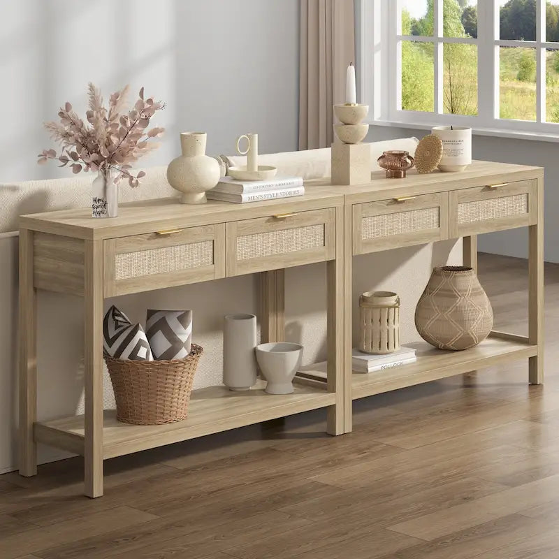 Console en rotin avec 2 tiroirs et étagères – 30x39x14