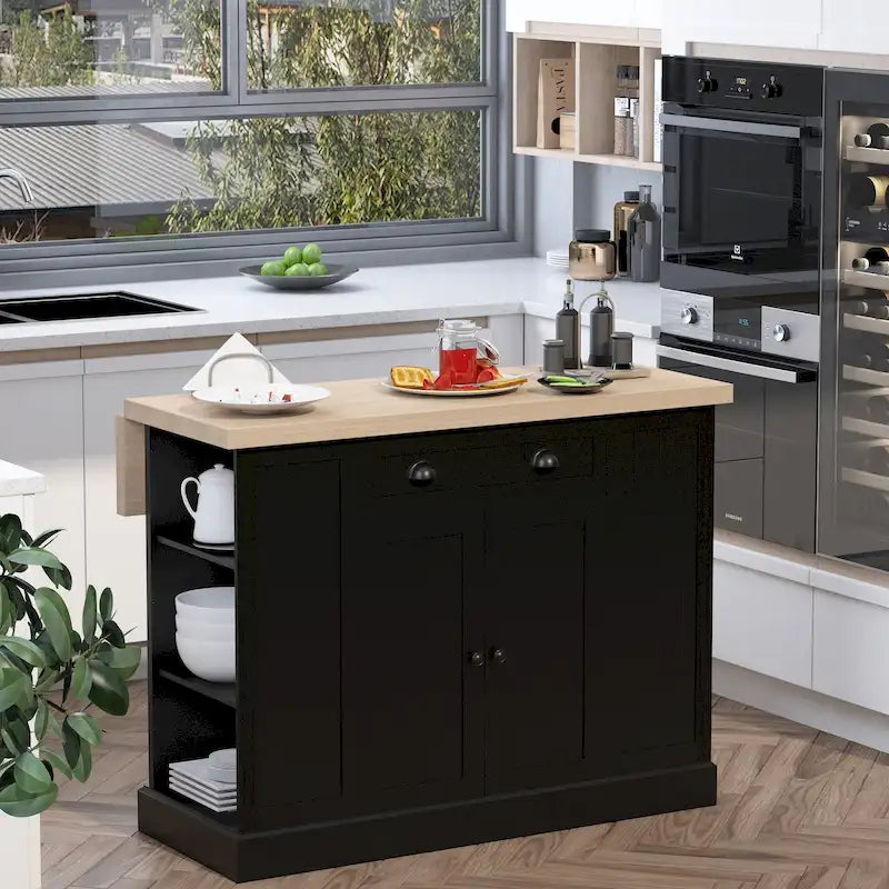 Îlot de cuisine en bois cannelé avec abattant et rangement