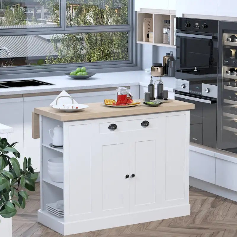 Îlot de cuisine en bois cannelé avec abattant et rangement
