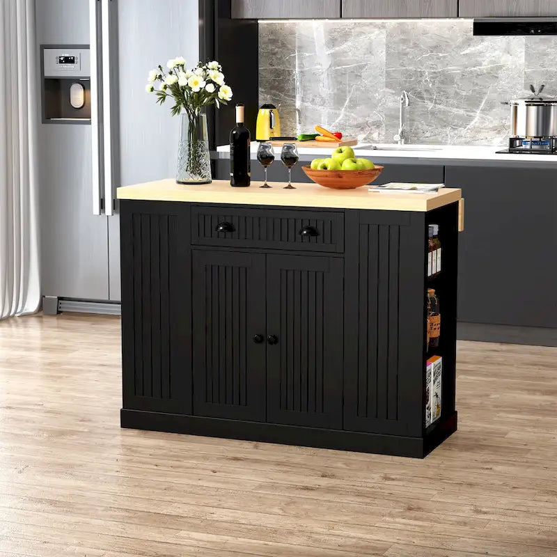 Îlot de cuisine en bois cannelé avec abattant et rangement
