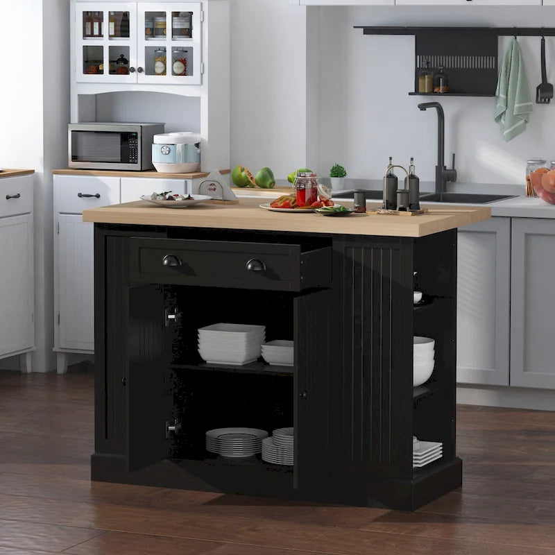Îlot de cuisine en bois cannelé avec abattant et rangement