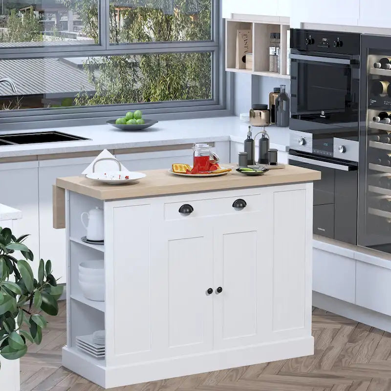 Îlot de cuisine en bois cannelé avec abattant et rangement
