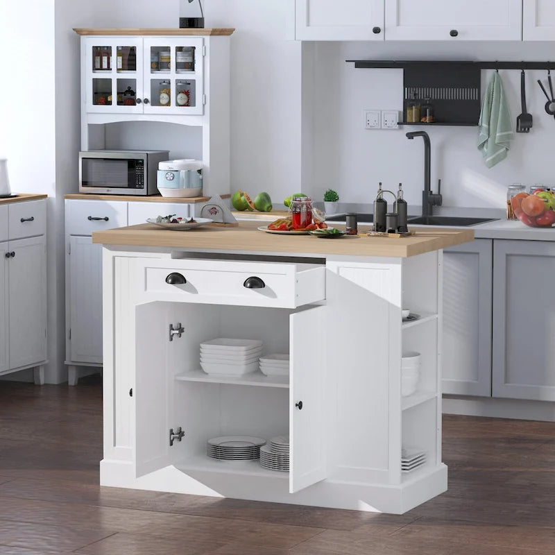 Îlot de cuisine en bois cannelé avec abattant et rangement