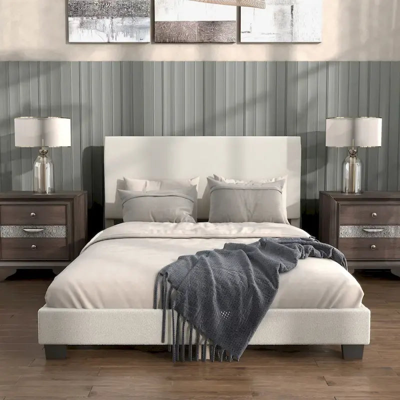 Lit plateforme queen-size réglable en bouclette blanche moderne
