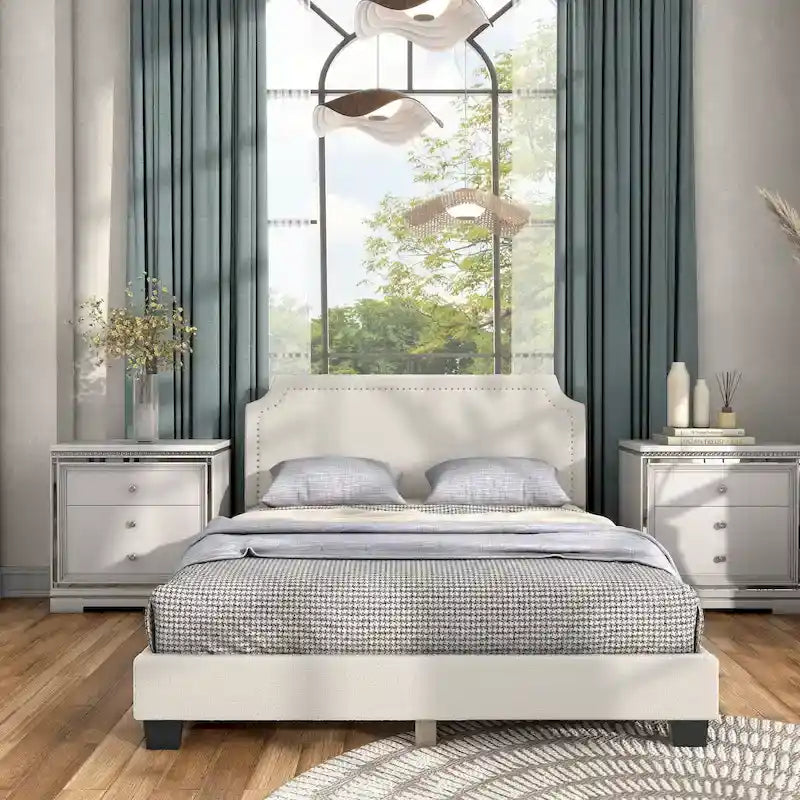 Lit plateforme queen-size réglable en bouclette blanche moderne