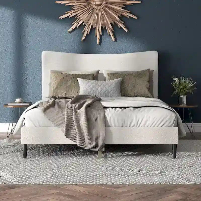 Lit plateforme queen-size réglable en bouclette blanche moderne