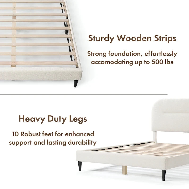 Lit plateforme queen-size réglable en bouclette blanche moderne