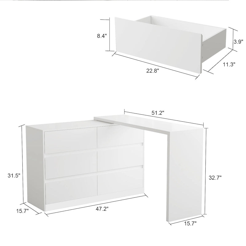 Commode et Bureau Rotatifs – Coiffeuse à 6 Tiroirs Blanche/Noire