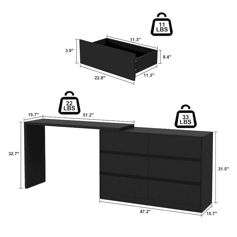 Commode et Bureau Rotatifs – Coiffeuse à 6 Tiroirs Blanche/Noire