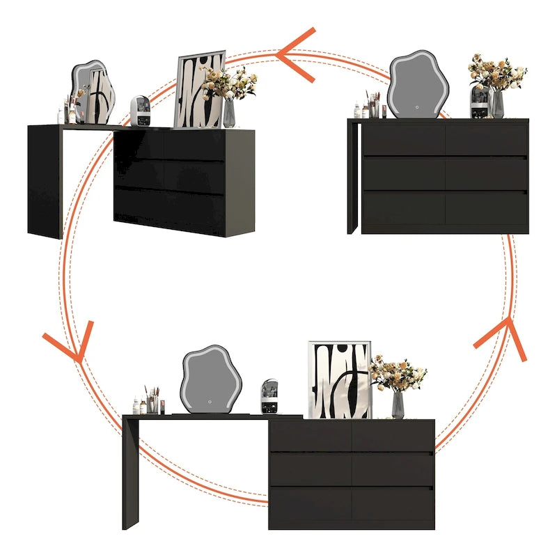 Commode et Bureau Rotatifs – Coiffeuse à 6 Tiroirs Blanche/Noire