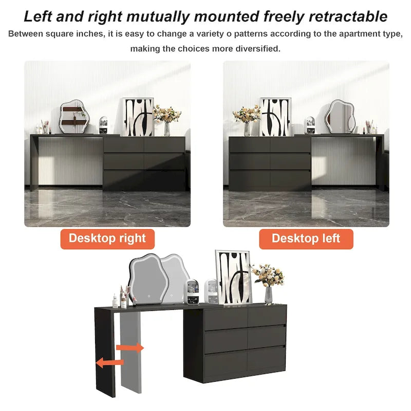 Commode et Bureau Rotatifs – Coiffeuse à 6 Tiroirs Blanche/Noire