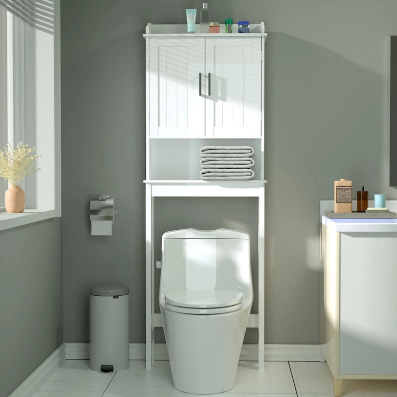 Meuble de rangement pour toilettes en bambou – Étagère réglable et doubles portes