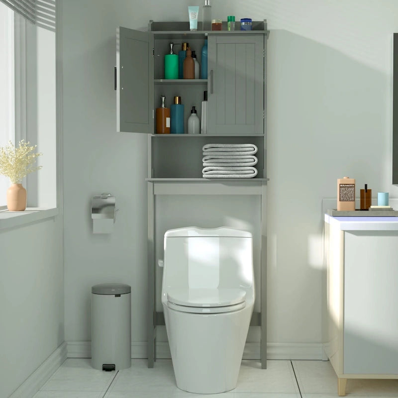 Meuble de rangement pour toilettes en bambou – Étagère réglable et doubles portes