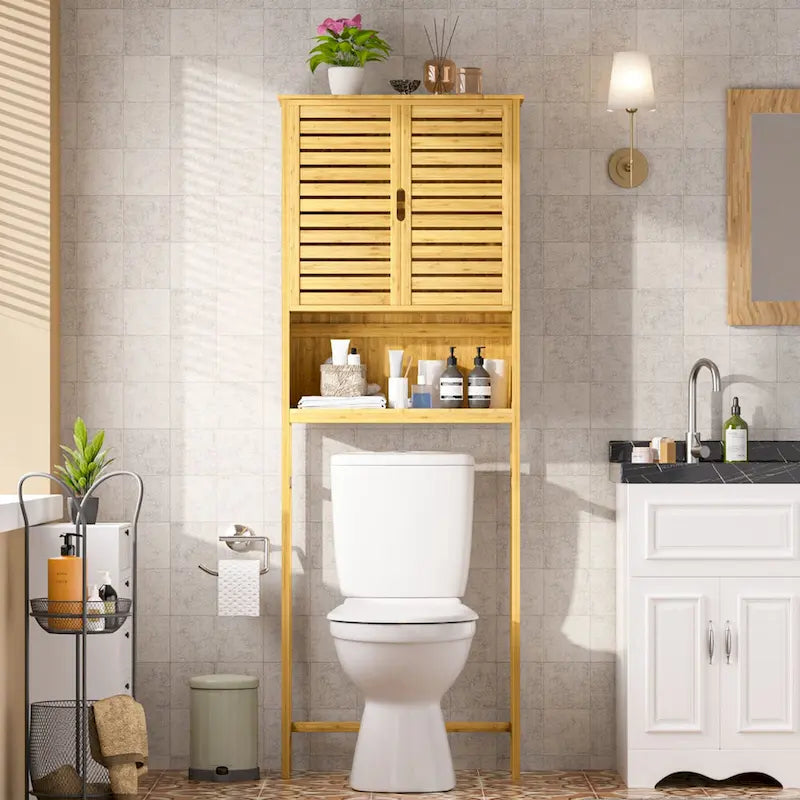 Meuble de rangement pour toilettes en bambou – Étagère réglable et doubles portes
