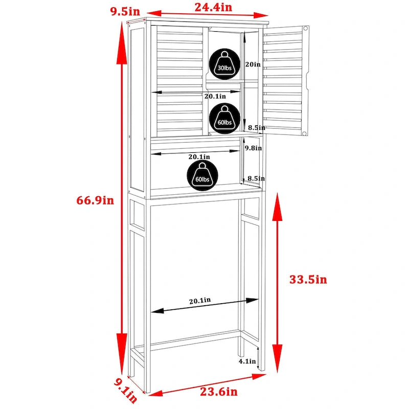 Meuble de rangement pour toilettes en bambou – Étagère réglable et doubles portes