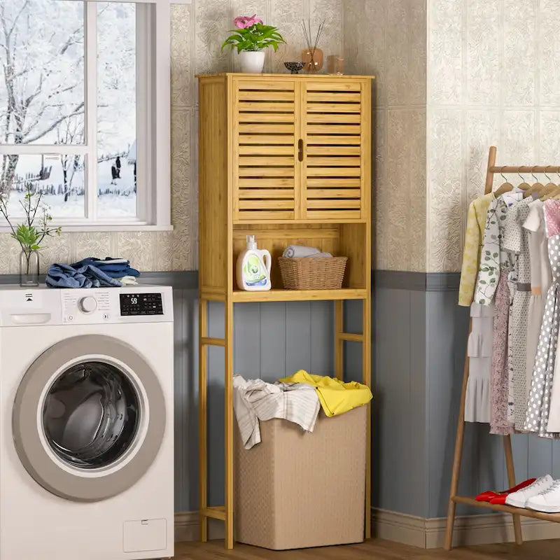 Meuble de rangement pour toilettes en bambou – Étagère réglable et doubles portes